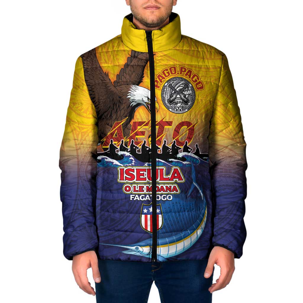 American Samoa Fautasi Padded Jacket Bald Eage and Sailfish with Kakau Motifs LT03 Men Yellow - Polynesian Pride