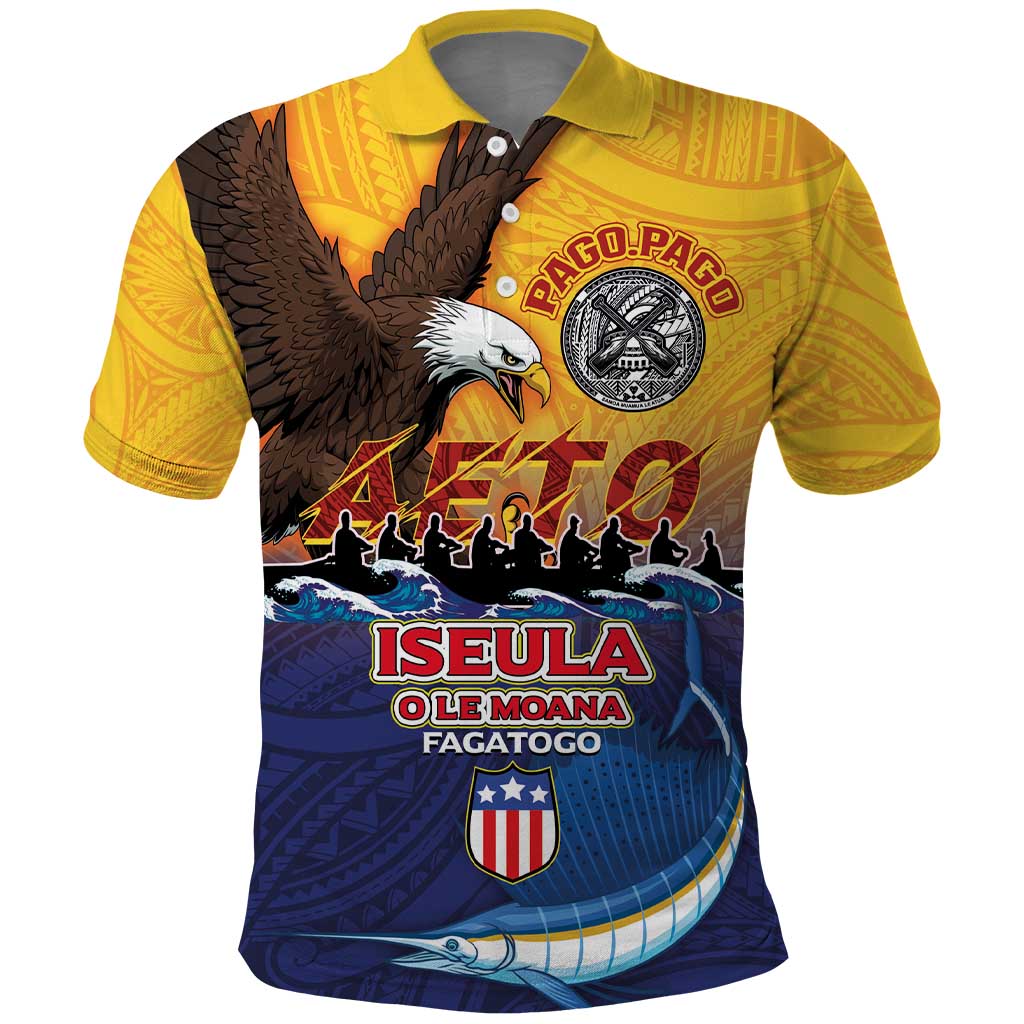 American Samoa Fautasi Polo Shirt Bald Eage and Sailfish with Kakau Motifs LT03 Yellow - Polynesian Pride
