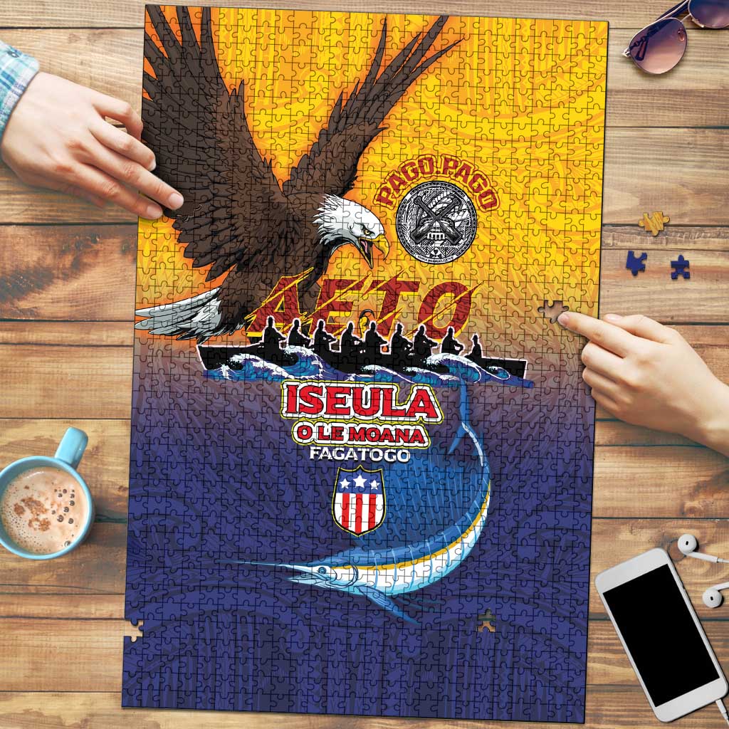 American Samoa Fautasi Puzzle Bald Eage and Sailfish with Kakau Motifs LT03 Yellow - Polynesian Pride