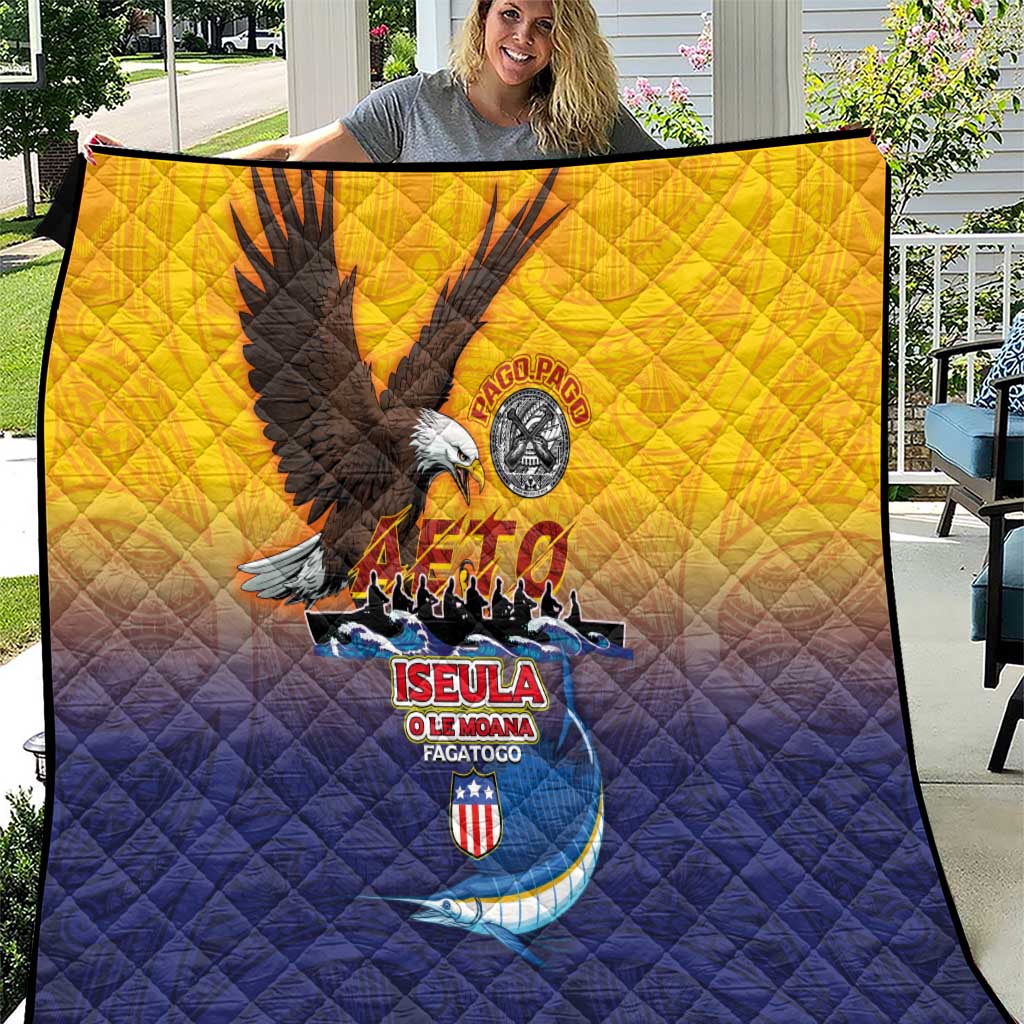 American Samoa Fautasi Quilt Bald Eage and Sailfish with Kakau Motifs LT03 Yellow - Polynesian Pride