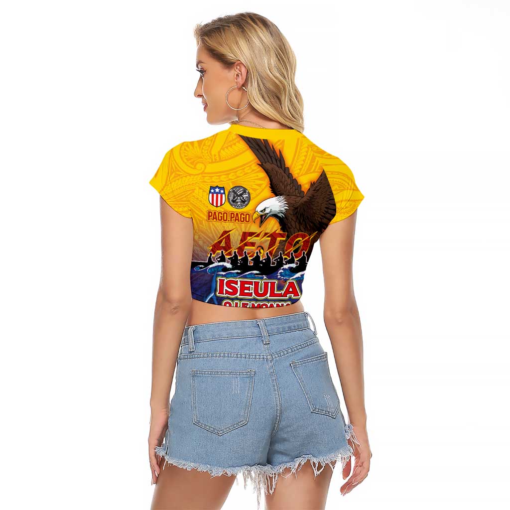 American Samoa Fautasi Raglan Cropped T Shirt Bald Eage and Sailfish with Kakau Motifs LT03 - Polynesian Pride