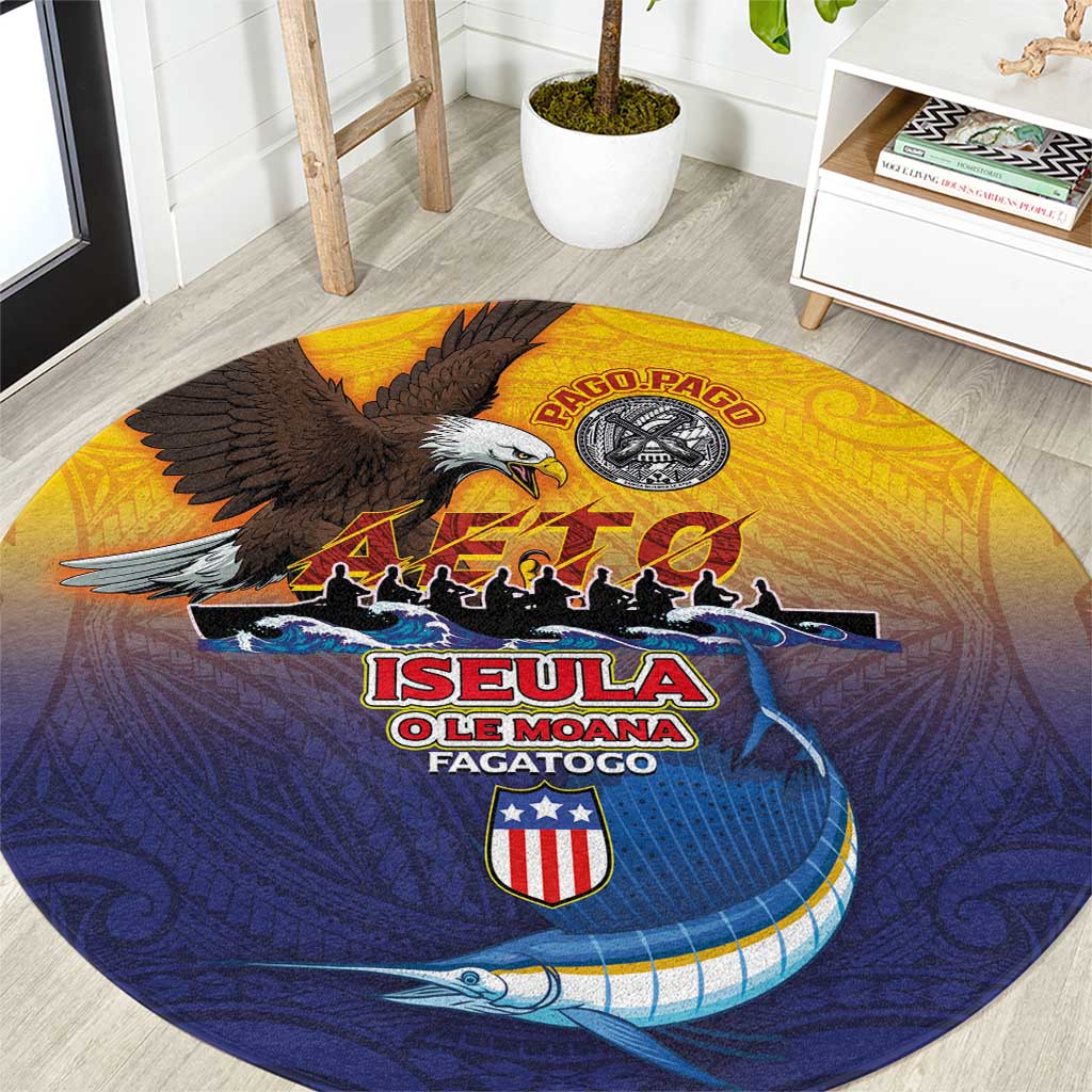 American Samoa Fautasi Round Carpet Bald Eage and Sailfish with Kakau Motifs LT03 Yellow - Polynesian Pride