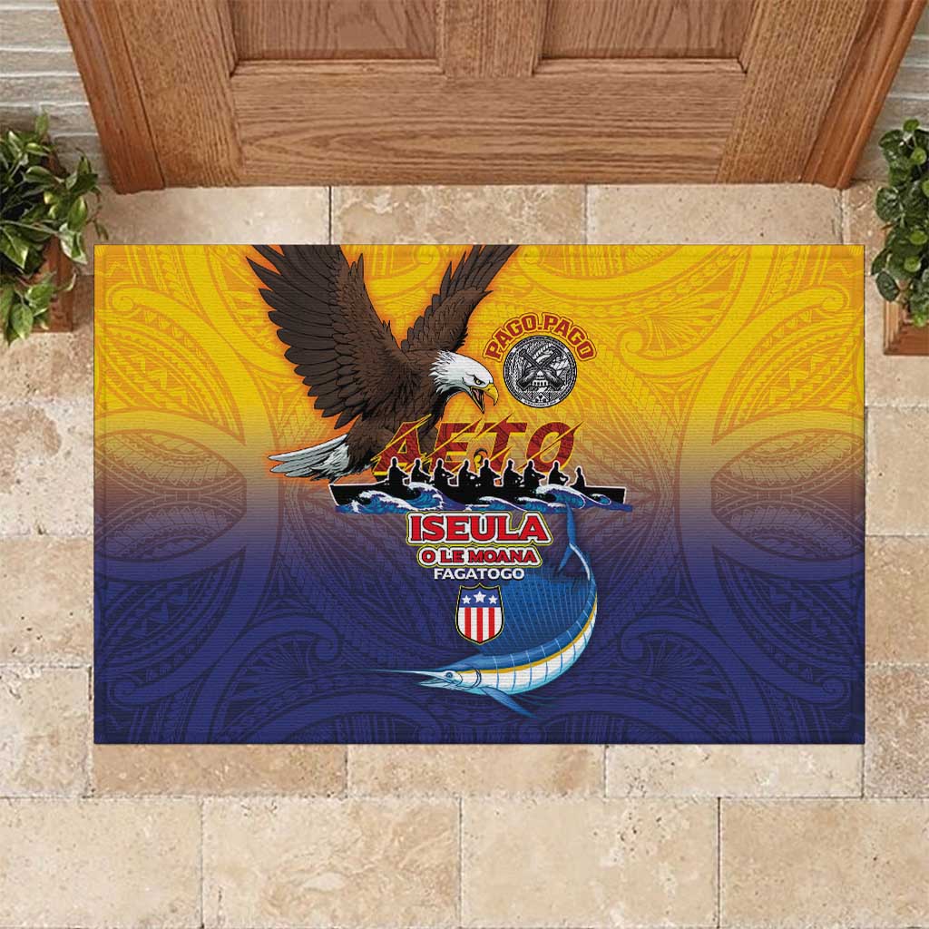 American Samoa Fautasi Rubber Doormat Bald Eage and Sailfish with Kakau Motifs LT03 Yellow - Polynesian Pride
