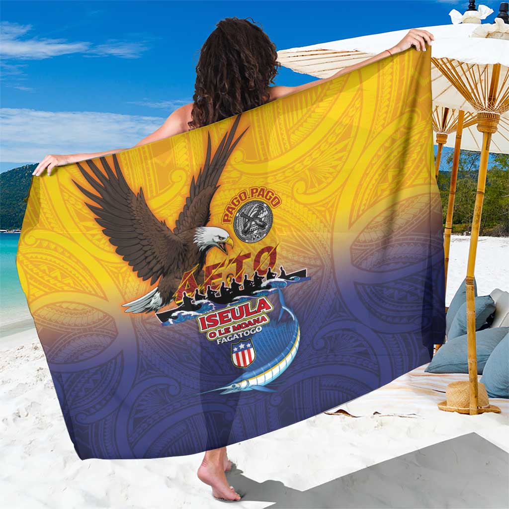 American Samoa Fautasi Sarong Bald Eage and Sailfish with Kakau Motifs LT03 One Size 44 x 66 inches Yellow - Polynesian Pride