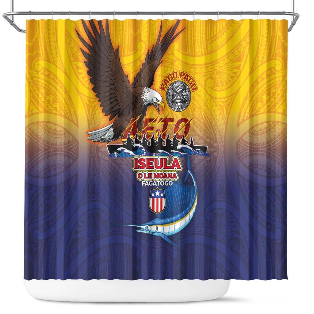 American Samoa Fautasi Shower Curtain Bald Eage and Sailfish with Kakau Motifs LT03 Yellow - Polynesian Pride