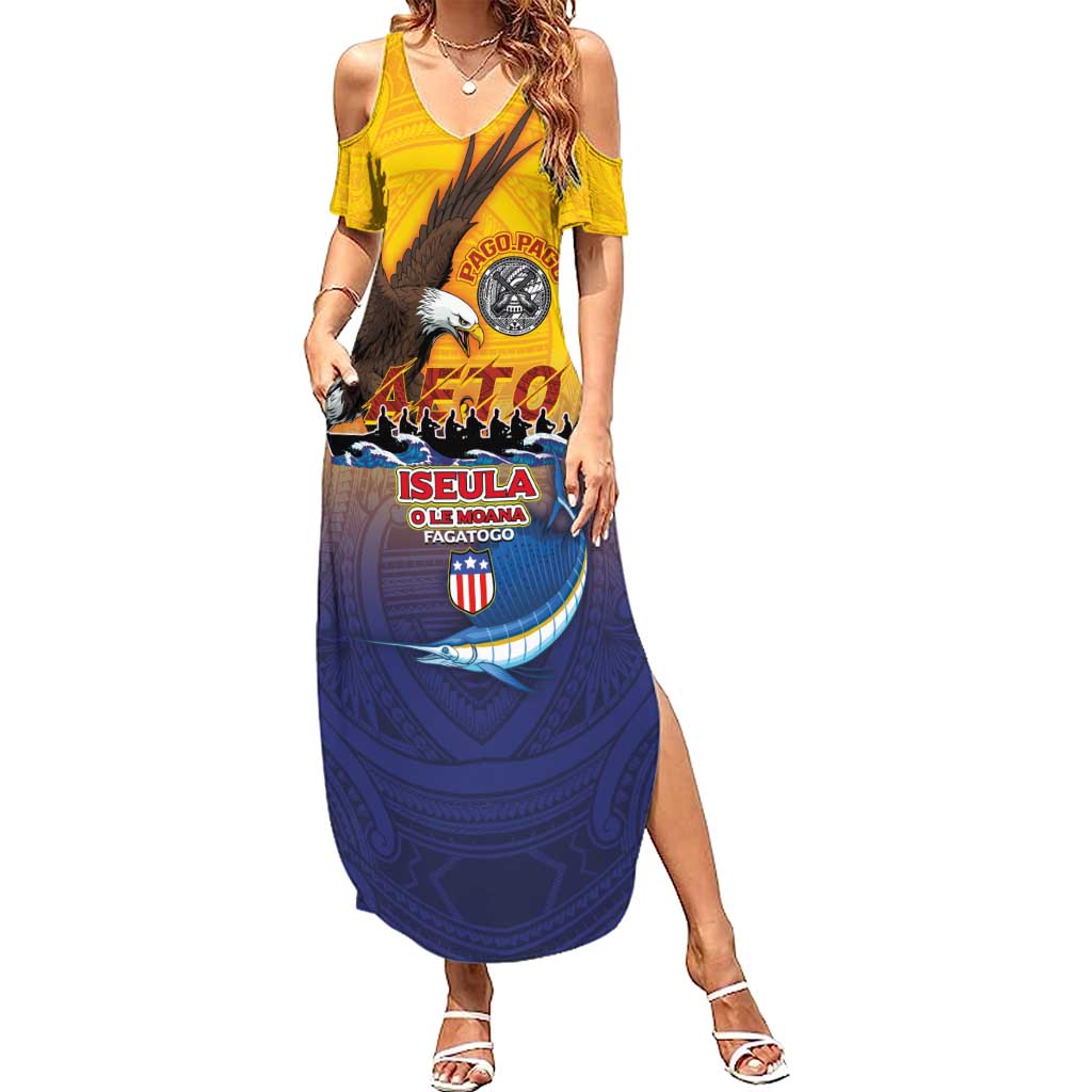 American Samoa Fautasi Summer Maxi Dress Bald Eage and Sailfish with Kakau Motifs LT03 Women Yellow - Polynesian Pride