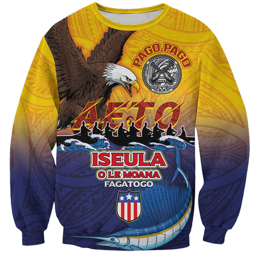 American Samoa Fautasi Sweatshirt Bald Eage and Sailfish with Kakau Motifs LT03 Unisex Yellow - Polynesian Pride