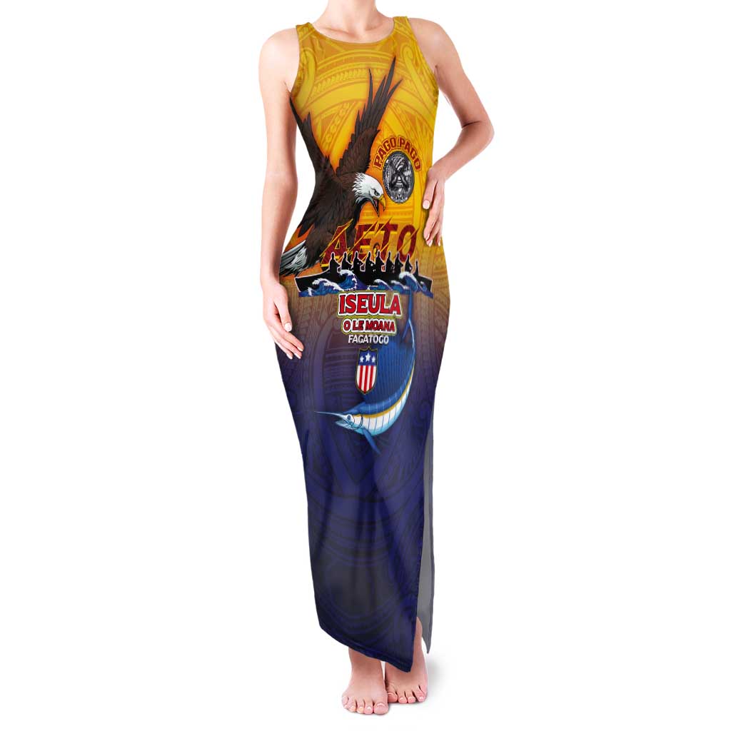 American Samoa Fautasi Tank Maxi Dress Bald Eage and Sailfish with Kakau Motifs LT03 Women Yellow - Polynesian Pride