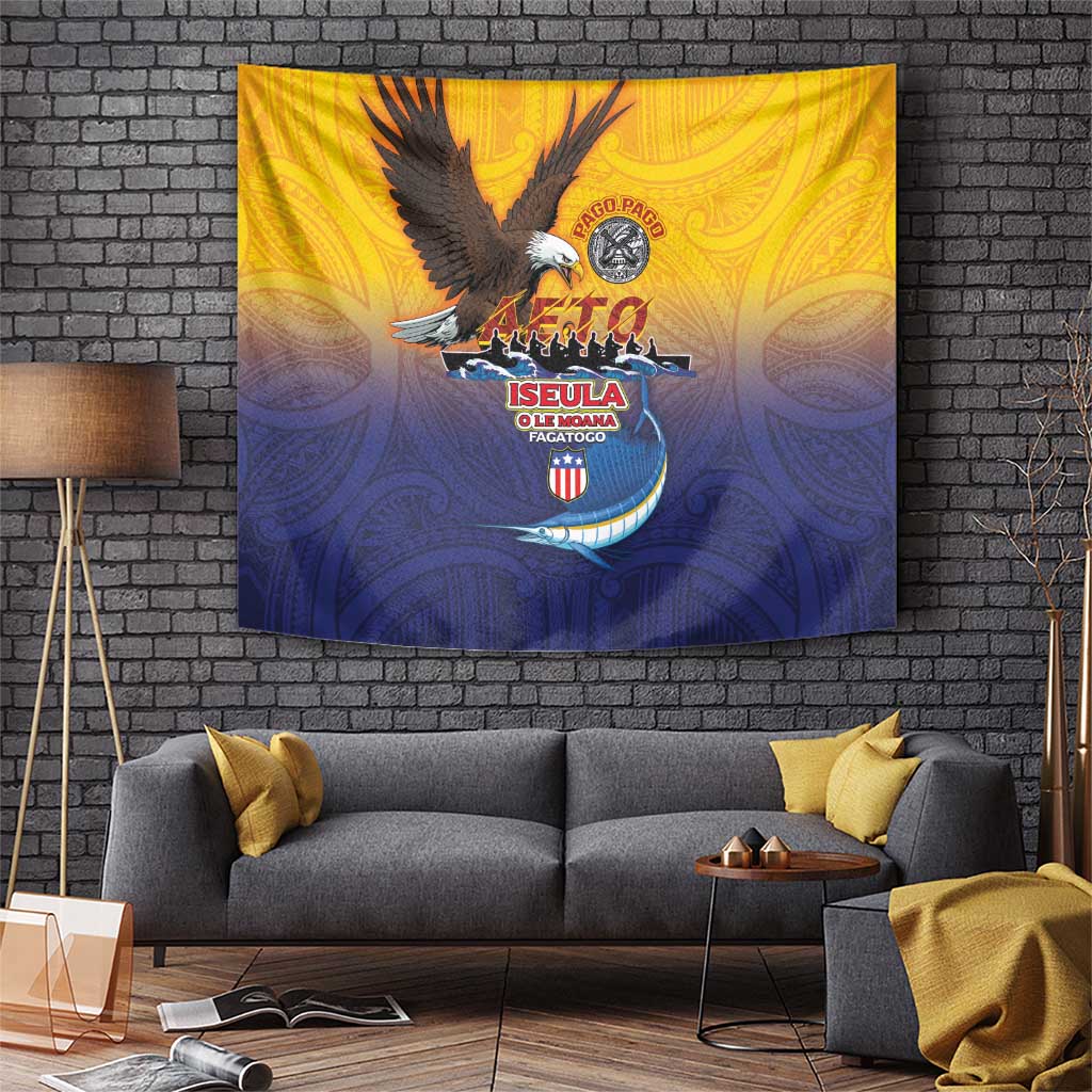 American Samoa Fautasi Tapestry Bald Eage and Sailfish with Kakau Motifs LT03 Yellow - Polynesian Pride