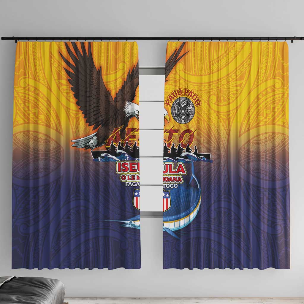 American Samoa Fautasi Window Curtain Bald Eage and Sailfish with Kakau Motifs LT03 With Hooks Yellow - Polynesian Pride