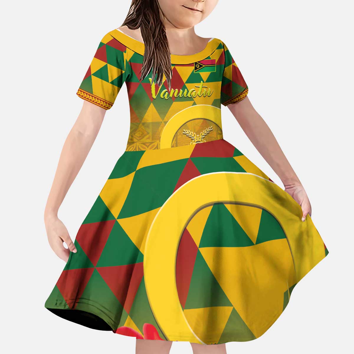 Melanesian Vanuatu Kid Short Sleeve Dress With Tapa Tribal Pattern and Triangle Geometric Tricolor LT03 KID Yellow - Polynesian Pride