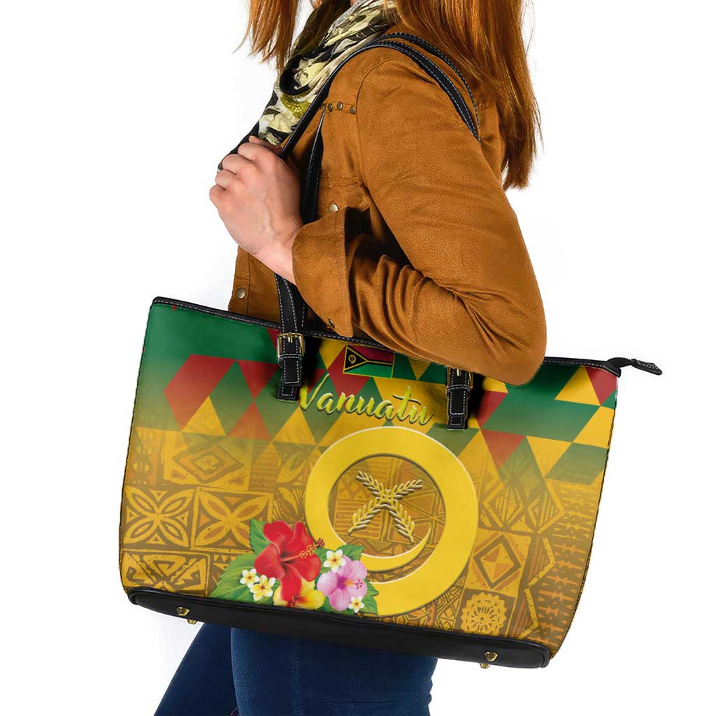 Melanesian Vanuatu Leather Tote Bag With Tapa Tribal Pattern and Triangle Geometric Tricolor LT03 Yellow - Polynesian Pride