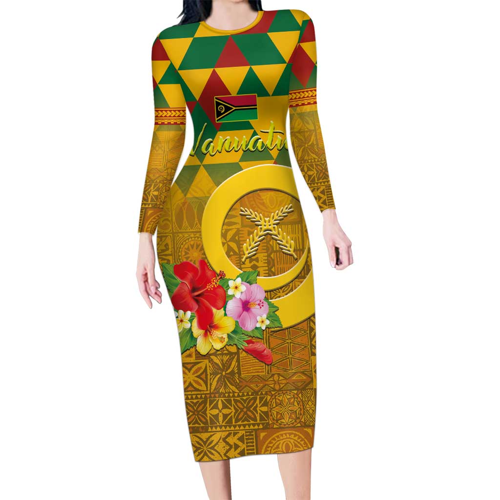Melanesian Vanuatu Long Sleeve Bodycon Dress With Tapa Tribal Pattern and Triangle Geometric Tricolor LT03 Long Dress Yellow - Polynesian Pride