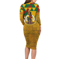 Melanesian Vanuatu Long Sleeve Bodycon Dress With Tapa Tribal Pattern and Triangle Geometric Tricolor LT03 - Polynesian Pride