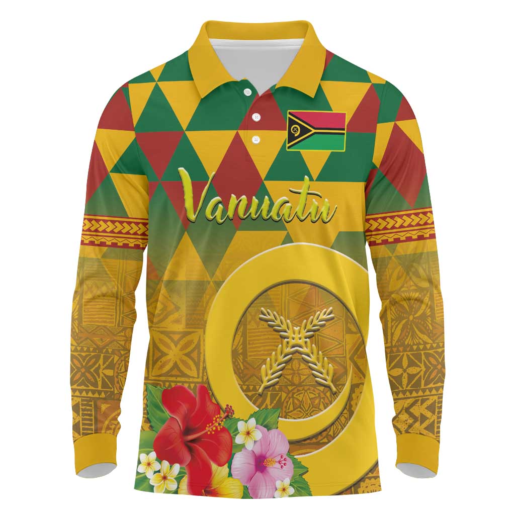 Melanesian Vanuatu Long Sleeve Polo Shirt With Tapa Tribal Pattern and Triangle Geometric Tricolor LT03 Yellow - Polynesian Pride
