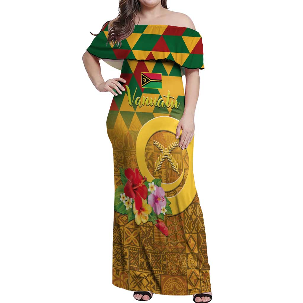 Melanesian Vanuatu Off Shoulder Maxi Dress With Tapa Tribal Pattern and Triangle Geometric Tricolor LT03 Women Yellow - Polynesian Pride