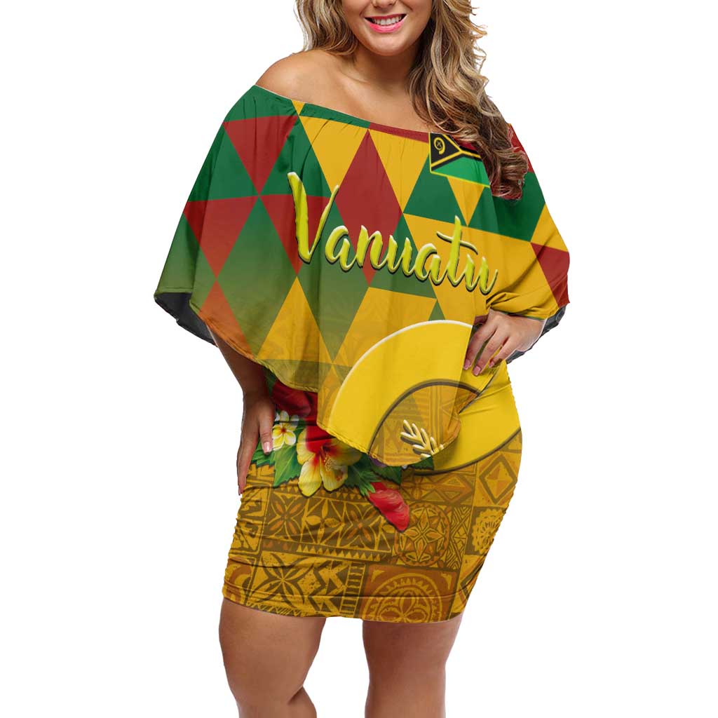 Melanesian Vanuatu Off Shoulder Short Dress With Tapa Tribal Pattern and Triangle Geometric Tricolor LT03 Women Yellow - Polynesian Pride