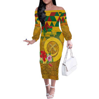 Melanesian Vanuatu Off The Shoulder Long Sleeve Dress With Tapa Tribal Pattern and Triangle Geometric Tricolor LT03 Women Yellow - Polynesian Pride