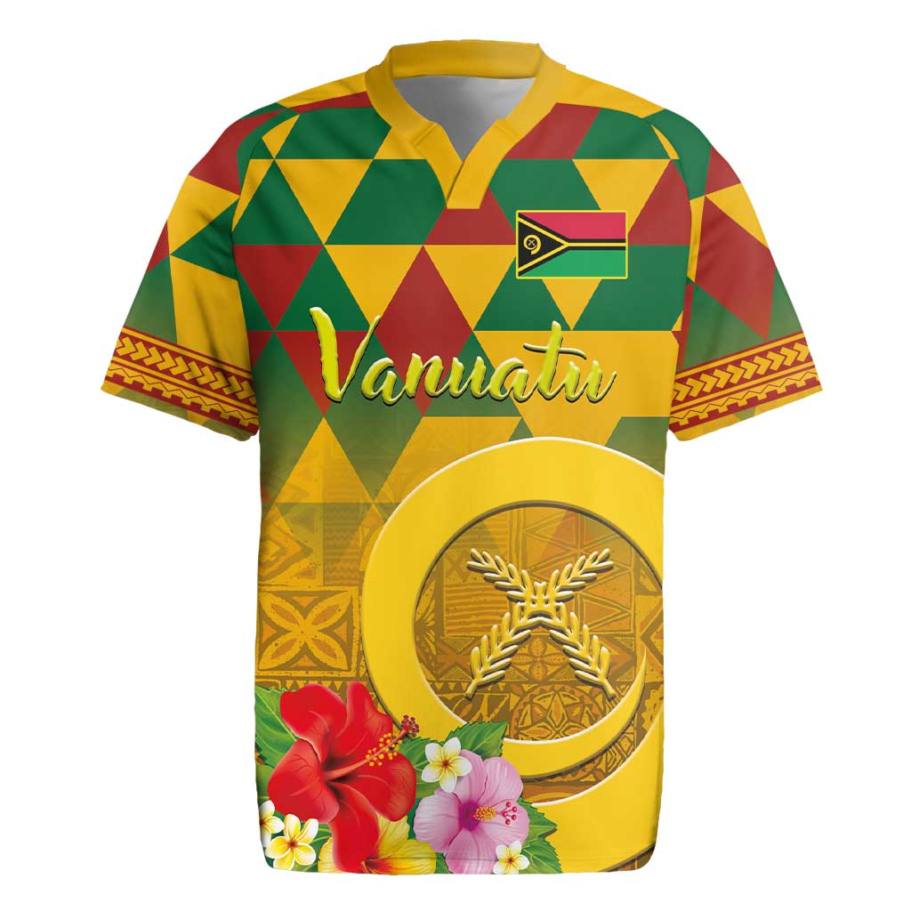 Melanesian Vanuatu Rugby Jersey With Tapa Tribal Pattern and Triangle Geometric Tricolor LT03 Yellow - Polynesian Pride