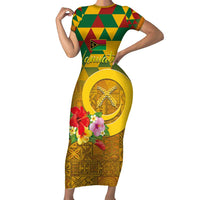 Melanesian Vanuatu Short Sleeve Bodycon Dress With Tapa Tribal Pattern and Triangle Geometric Tricolor LT03 Long Dress Yellow - Polynesian Pride