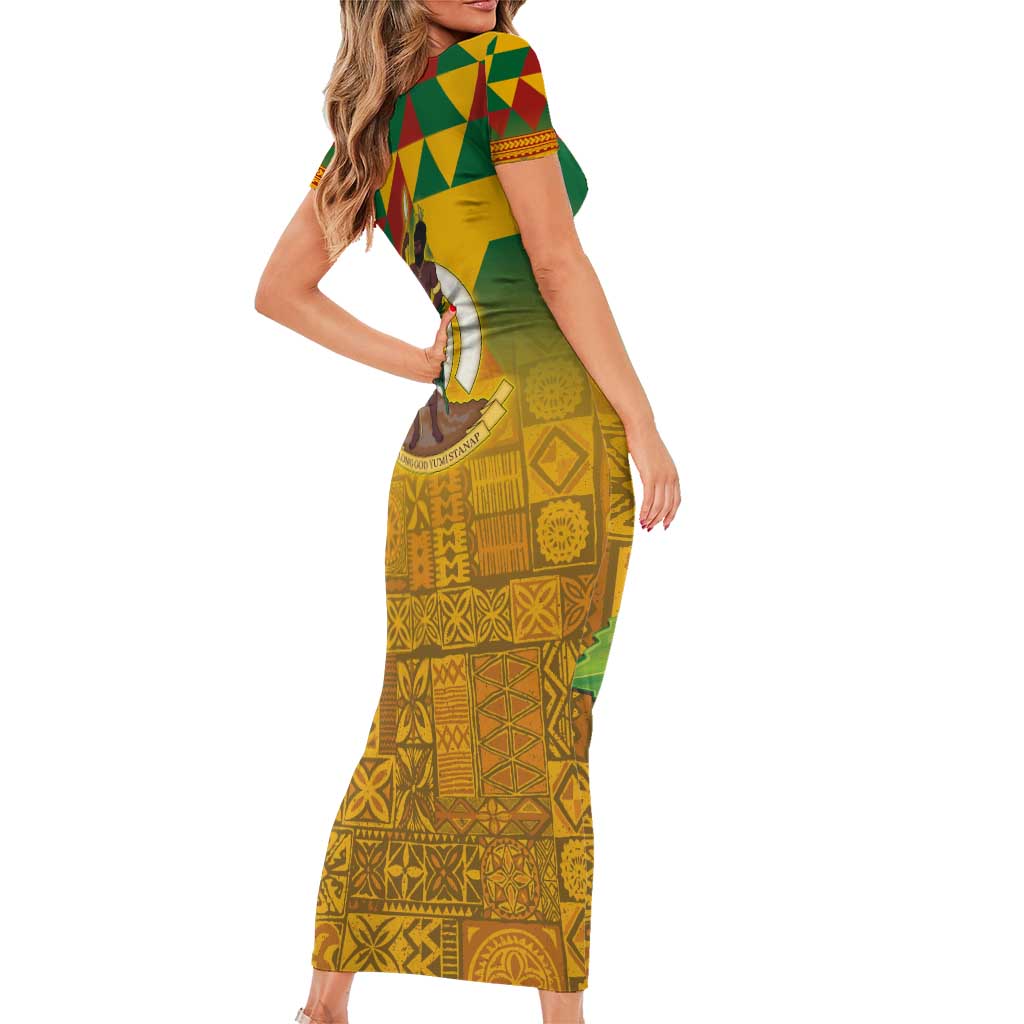 Melanesian Vanuatu Short Sleeve Bodycon Dress With Tapa Tribal Pattern and Triangle Geometric Tricolor LT03 - Polynesian Pride