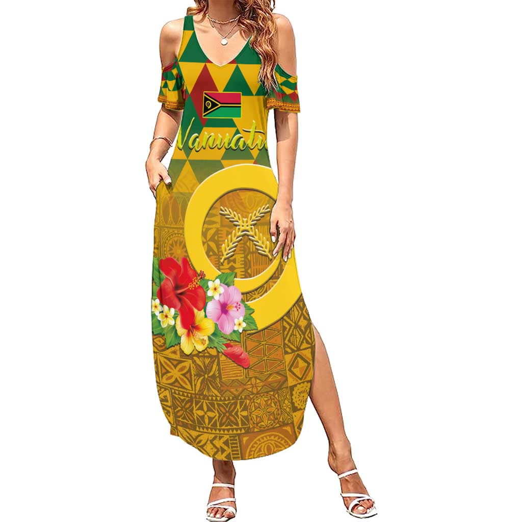 Melanesian Vanuatu Summer Maxi Dress With Tapa Tribal Pattern and Triangle Geometric Tricolor LT03 Women Yellow - Polynesian Pride
