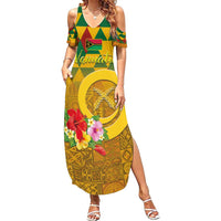 Melanesian Vanuatu Summer Maxi Dress With Tapa Tribal Pattern and Triangle Geometric Tricolor LT03 Women Yellow - Polynesian Pride