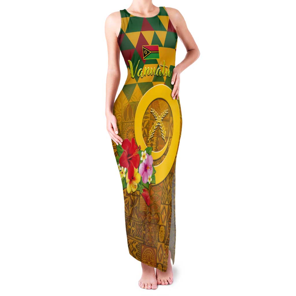 Melanesian Vanuatu Tank Maxi Dress With Tapa Tribal Pattern and Triangle Geometric Tricolor LT03 Women Yellow - Polynesian Pride