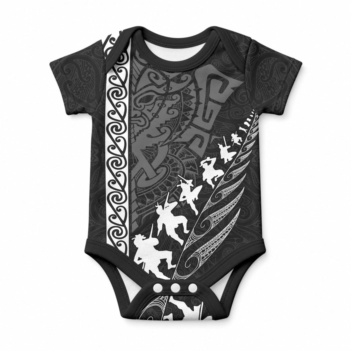 New Zealand Rugby Baby Onesie Haka Dance Tribal God Mask Maori Pattern LT03 Black - Polynesian Pride