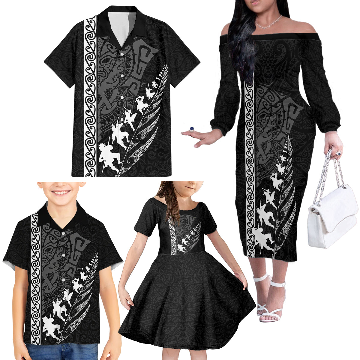 new-zealand-rugby-family-matching-off-shoulder-long-sleeve-dress-and-hawaiian-shirt-haka-dance-tribal-god-mask-maori-pattern