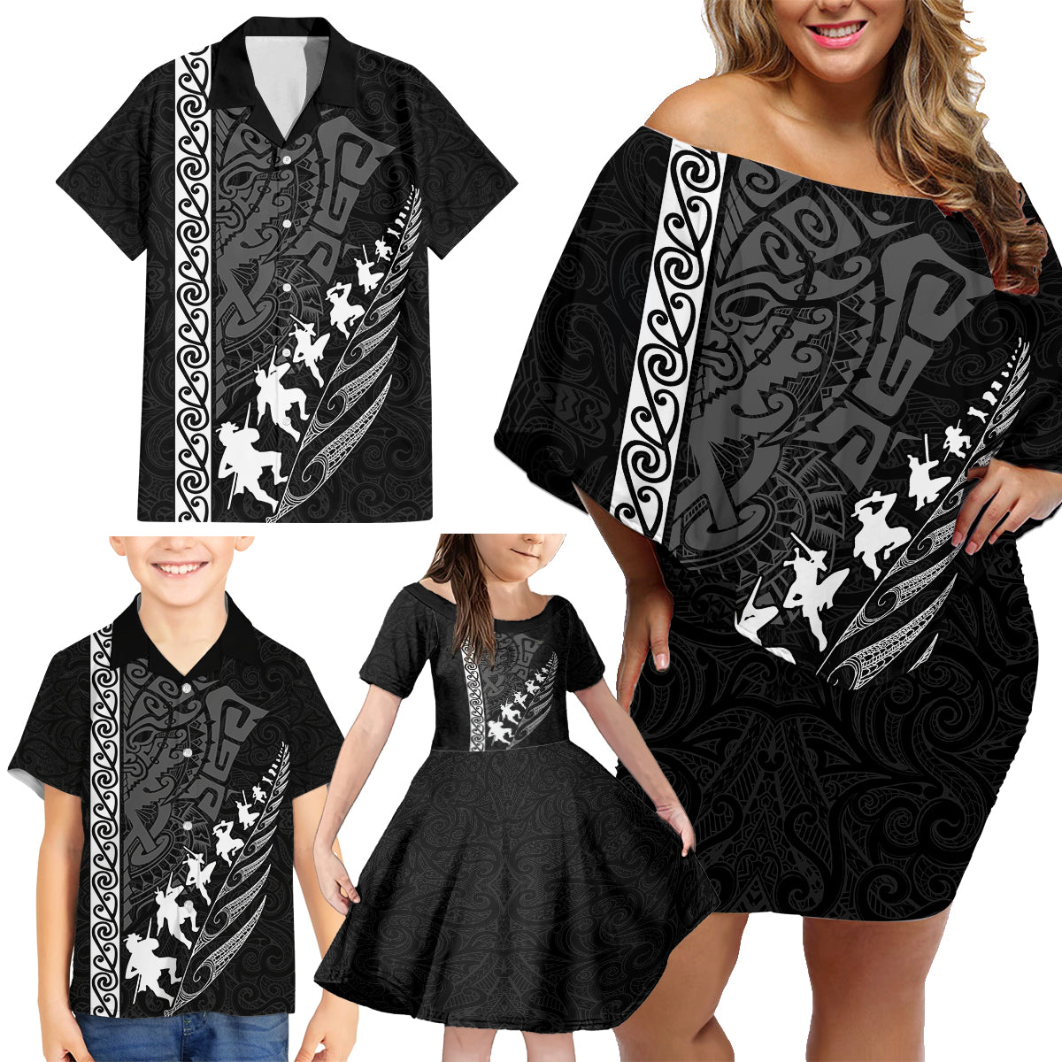 new-zealand-rugby-family-matching-off-shoulder-short-dress-and-hawaiian-shirt-haka-dance-tribal-god-mask-maori-pattern