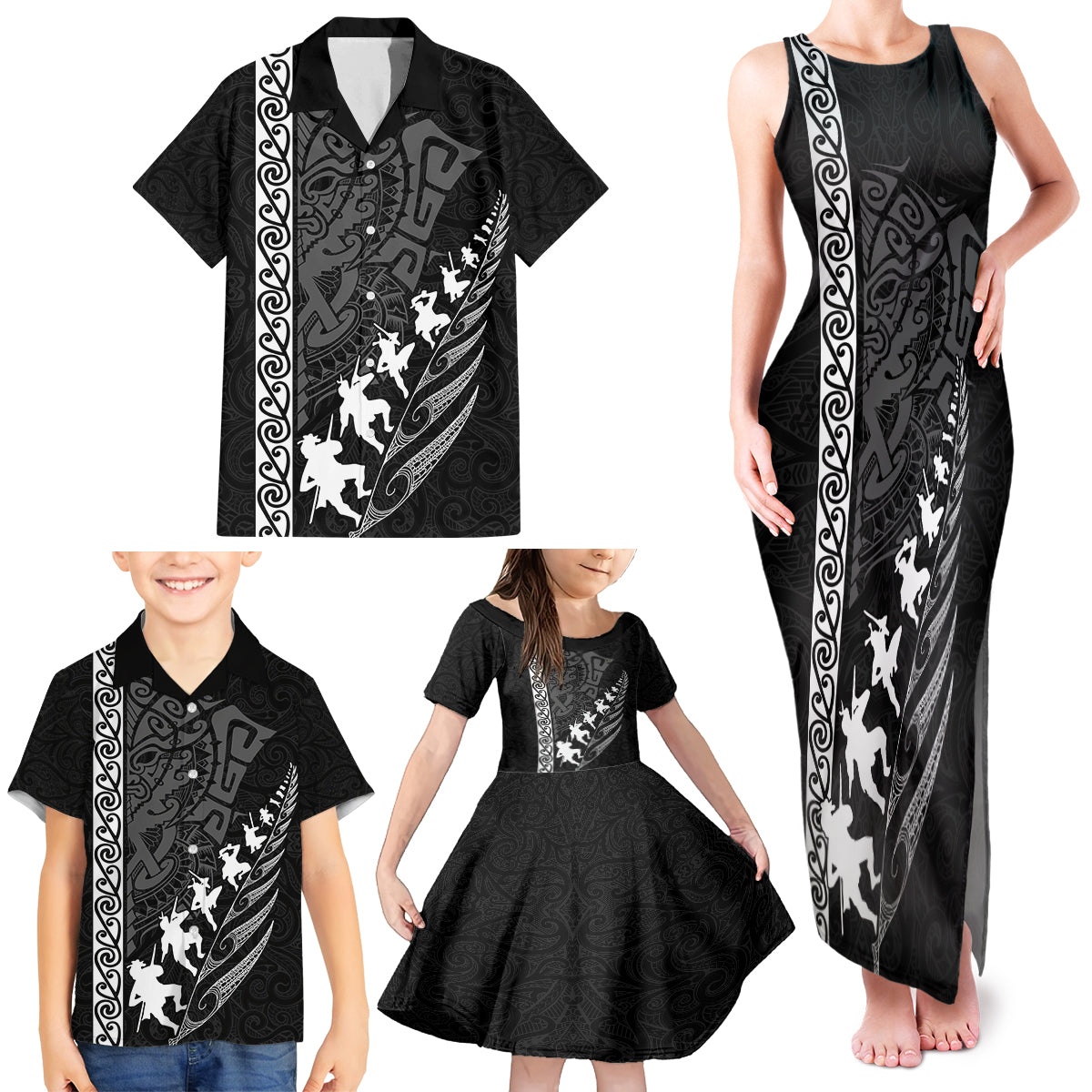 new-zealand-rugby-family-matching-tank-maxi-dress-and-hawaiian-shirt-haka-dance-tribal-god-mask-maori-pattern