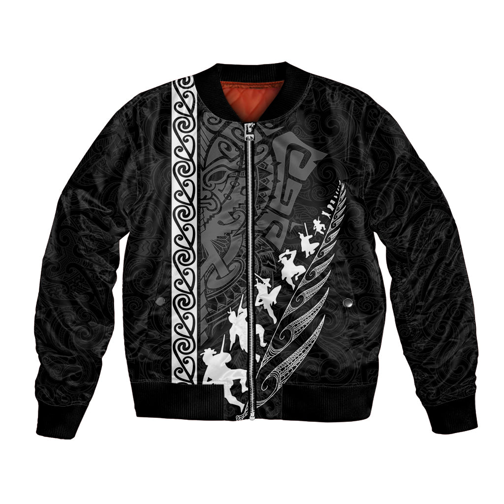 Custom New Zealand Rugby Bomber Jacket Haka Dance Tribal God Mask Maori Pattern LT03 Unisex Black - Polynesian Pride