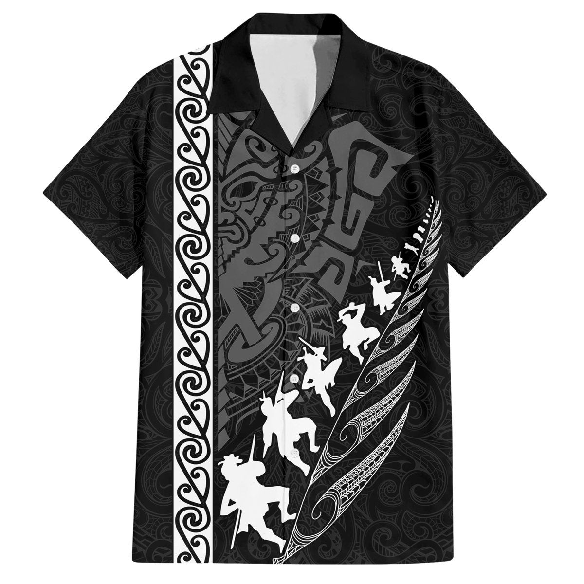 Custom New Zealand Rugby Hawaiian Shirt Haka Dance Tribal God Mask Maori Pattern LT03 Black - Polynesian Pride