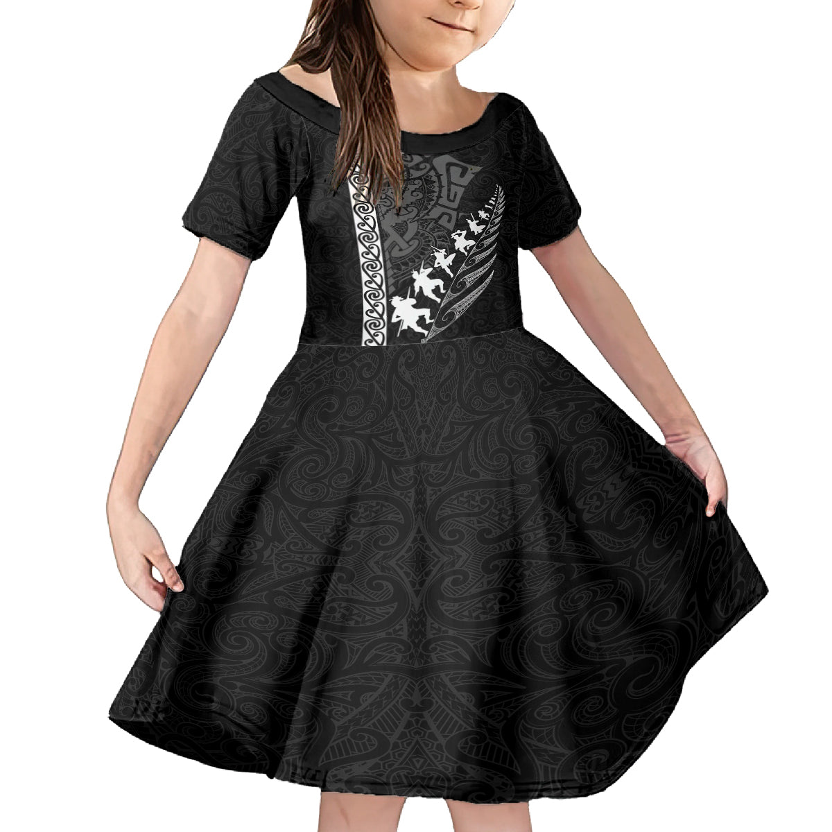 Custom New Zealand Rugby Kid Short Sleeve Dress Haka Dance Tribal God Mask Maori Pattern LT03 KID Black - Polynesian Pride