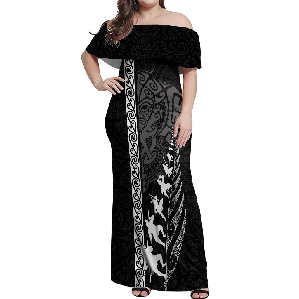 Custom New Zealand Rugby Off Shoulder Maxi Dress Haka Dance Tribal God Mask Maori Pattern LT03 Women Black - Polynesian Pride