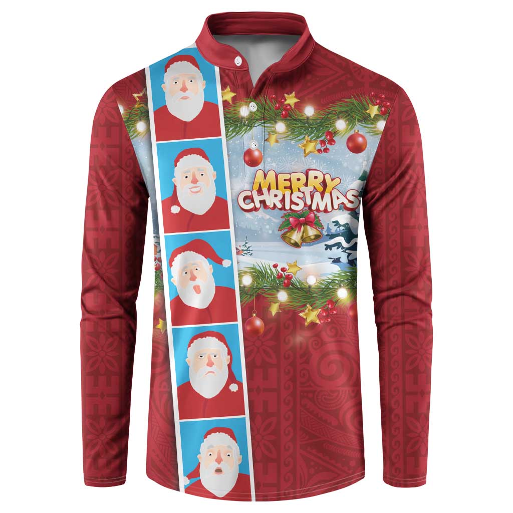 Merry Christmas Button Sweatshirt Funny Santa Claus Cards Photo and Polynesian Pattern Red Color LT03 Red - Polynesian Pride