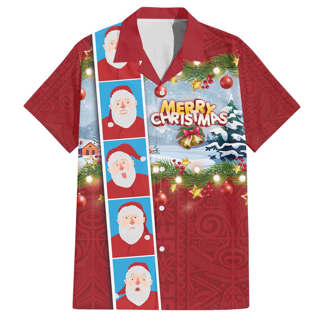 Merry Christmas Hawaiian Shirt Funny Santa Claus Cards Photo and Polynesian Pattern Red Color LT03 Red - Polynesian Pride
