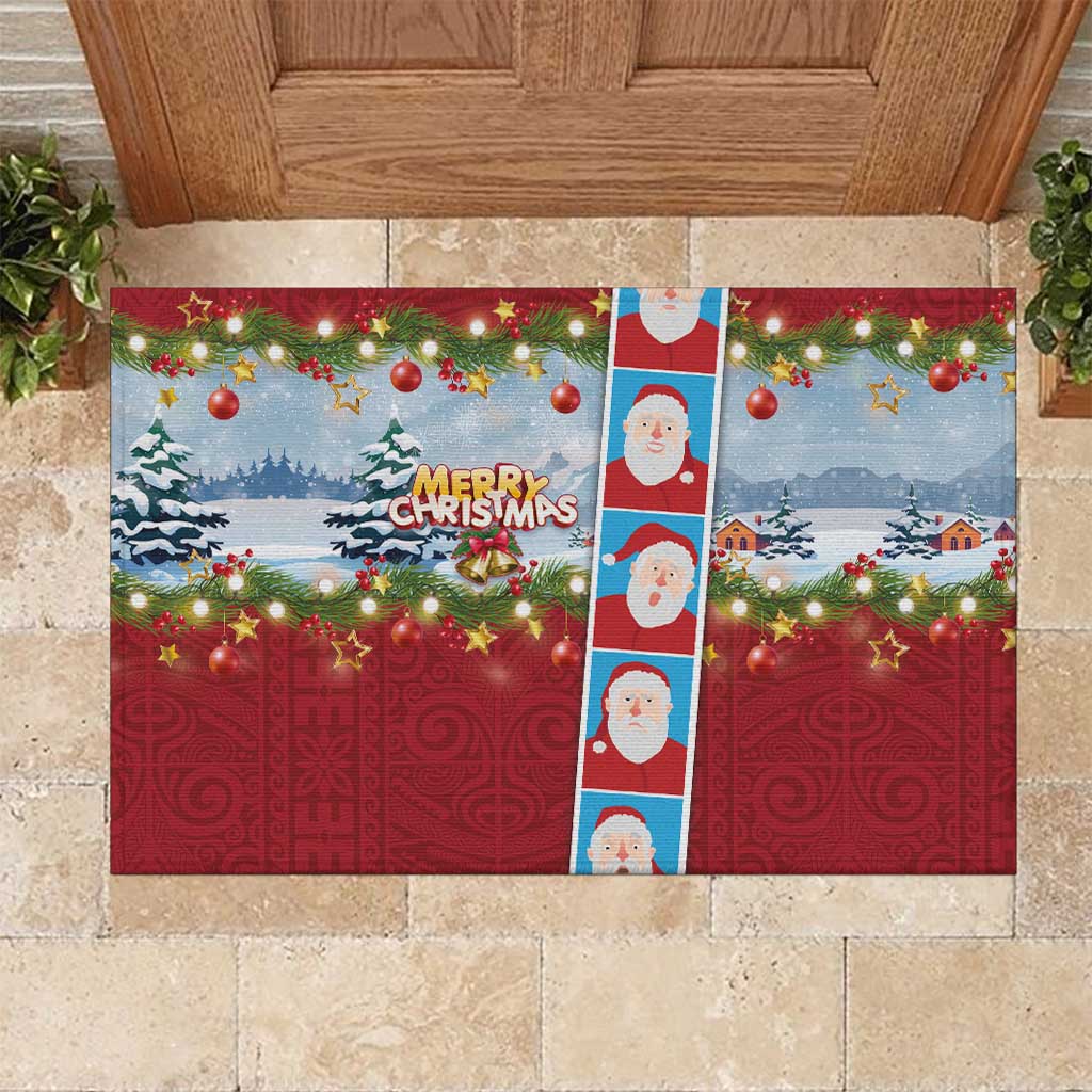 Merry Christmas Rubber Doormat Funny Santa Claus Cards Photo and Polynesian Pattern Red Color LT03 Red - Polynesian Pride