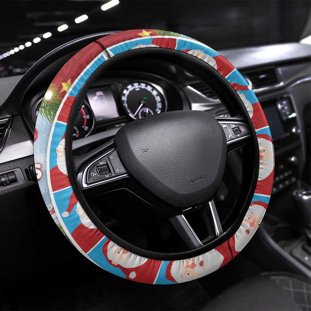 Merry Christmas Steering Wheel Cover Funny Santa Claus Cards Photo and Polynesian Pattern Red Color