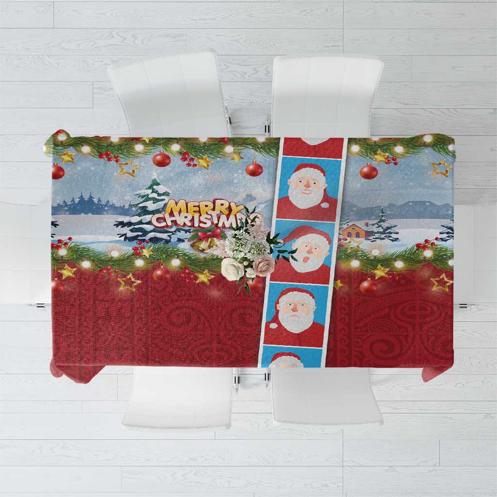 Merry Christmas Tablecloth Funny Santa Claus Cards Photo and Polynesian Pattern Red Color