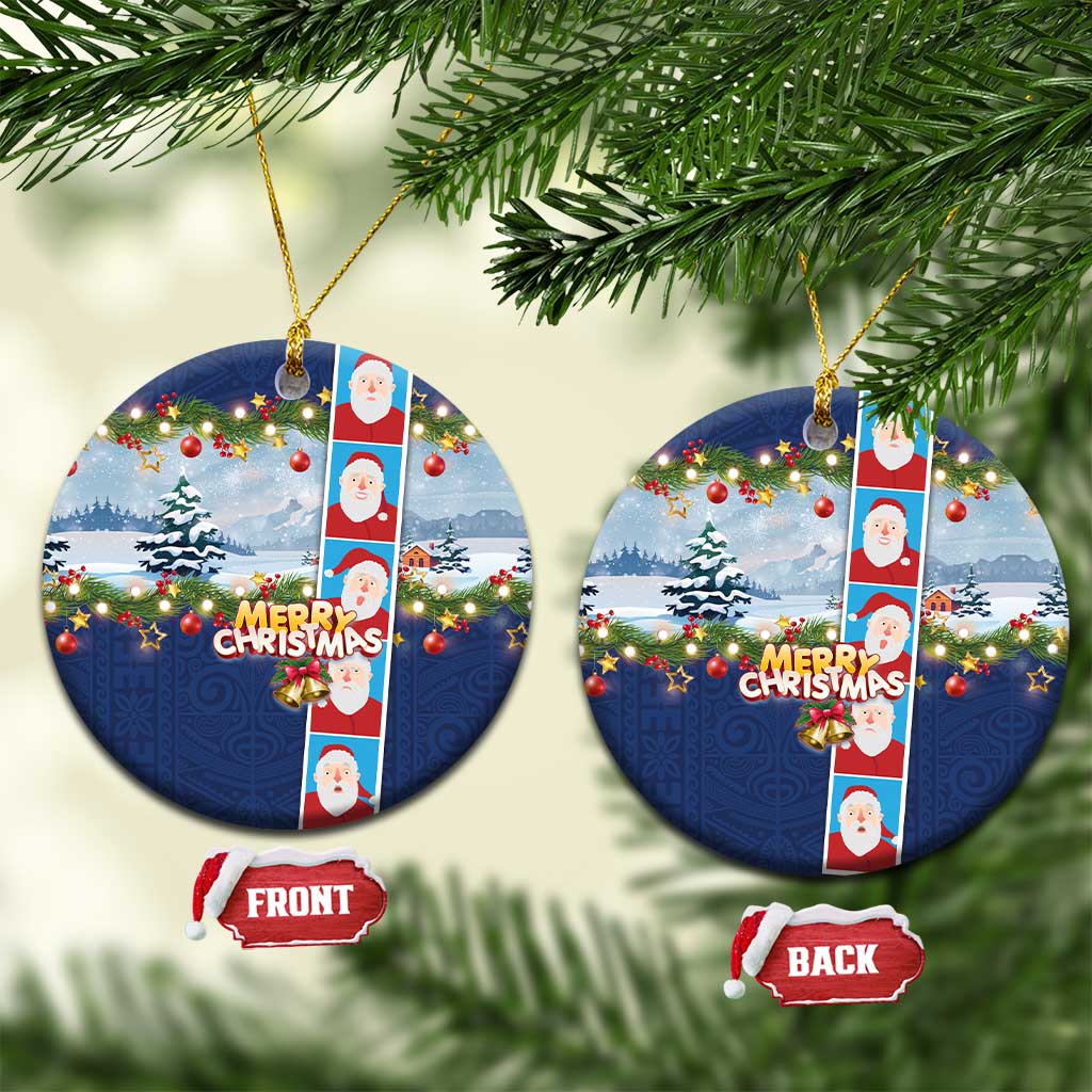 Merry Christmas Ceramic Ornament Funny Santa Claus Cards Photo and Polynesian Pattern Blue Color LT03 Circle Blue - Polynesian Pride