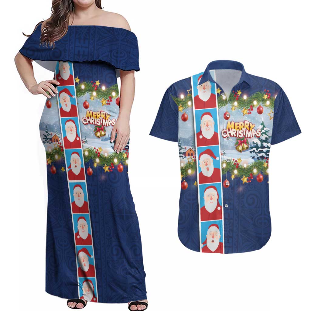 Merry Christmas Couples Matching Off Shoulder Maxi Dress and Hawaiian Shirt Funny Santa Claus Cards Photo and Polynesian Pattern Blue Color