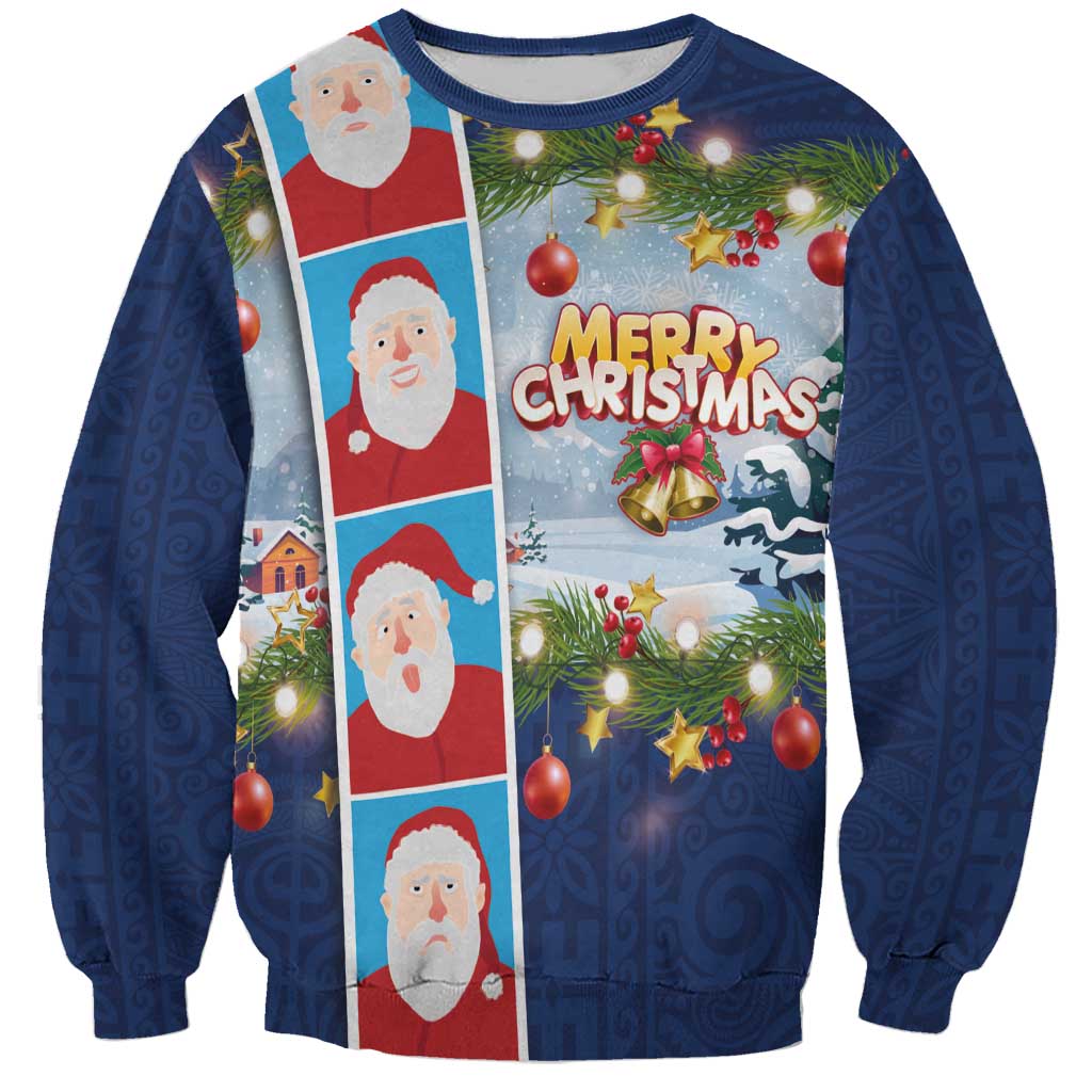 Merry Christmas Sweatshirt Funny Santa Claus Cards Photo and Polynesian Pattern Blue Color LT03 Unisex Blue - Polynesian Pride