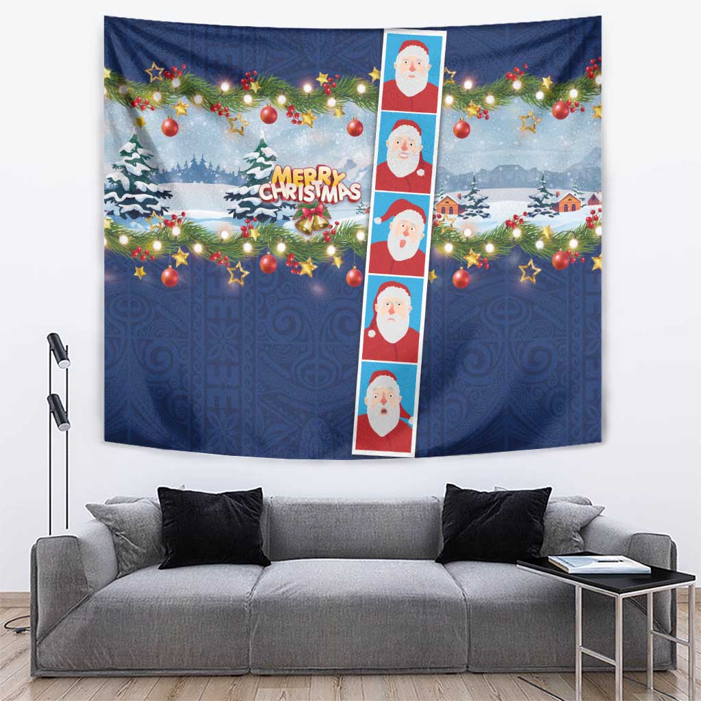 Merry Christmas Tapestry Funny Santa Claus Cards Photo and Polynesian Pattern Blue Color LT03 Blue - Polynesian Pride