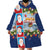 Merry Christmas Wearable Blanket Hoodie Funny Santa Claus Cards Photo and Polynesian Pattern Blue Color