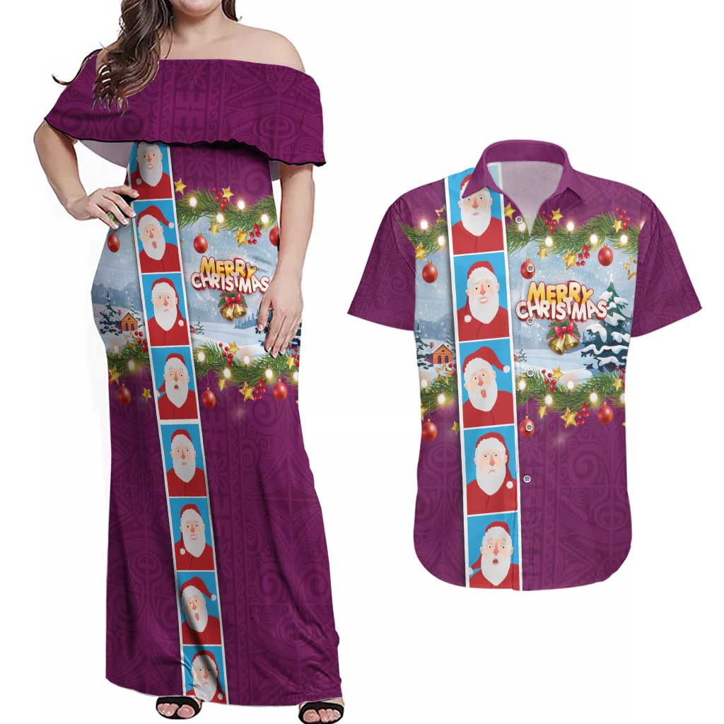 Merry Christmas Couples Matching Off Shoulder Maxi Dress and Hawaiian Shirt Funny Santa Claus Cards Photo and Polynesian Pattern Pink Color