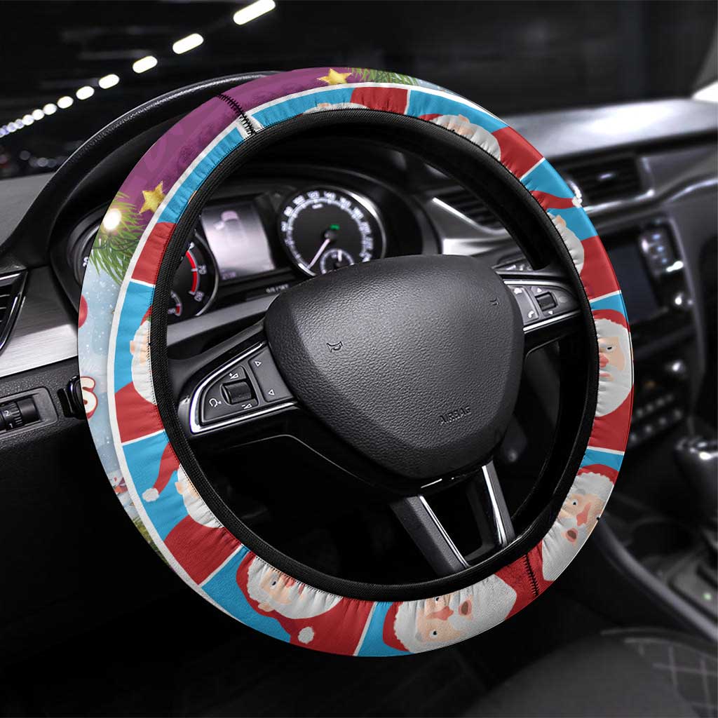 Merry Christmas Steering Wheel Cover Funny Santa Claus Cards Photo and Polynesian Pattern Pink Color