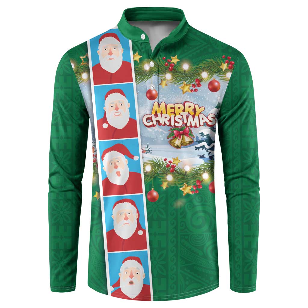 Merry Christmas Button Sweatshirt Funny Santa Claus Cards Photo and Polynesian Pattern Green Color LT03 Green - Polynesian Pride
