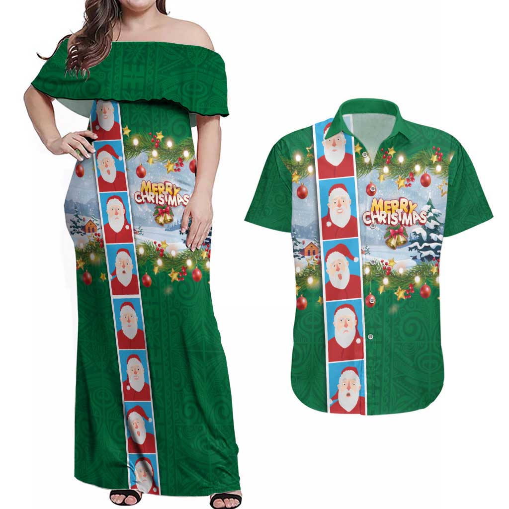 Merry Christmas Couples Matching Off Shoulder Maxi Dress and Hawaiian Shirt Funny Santa Claus Cards Photo and Polynesian Pattern Green Color